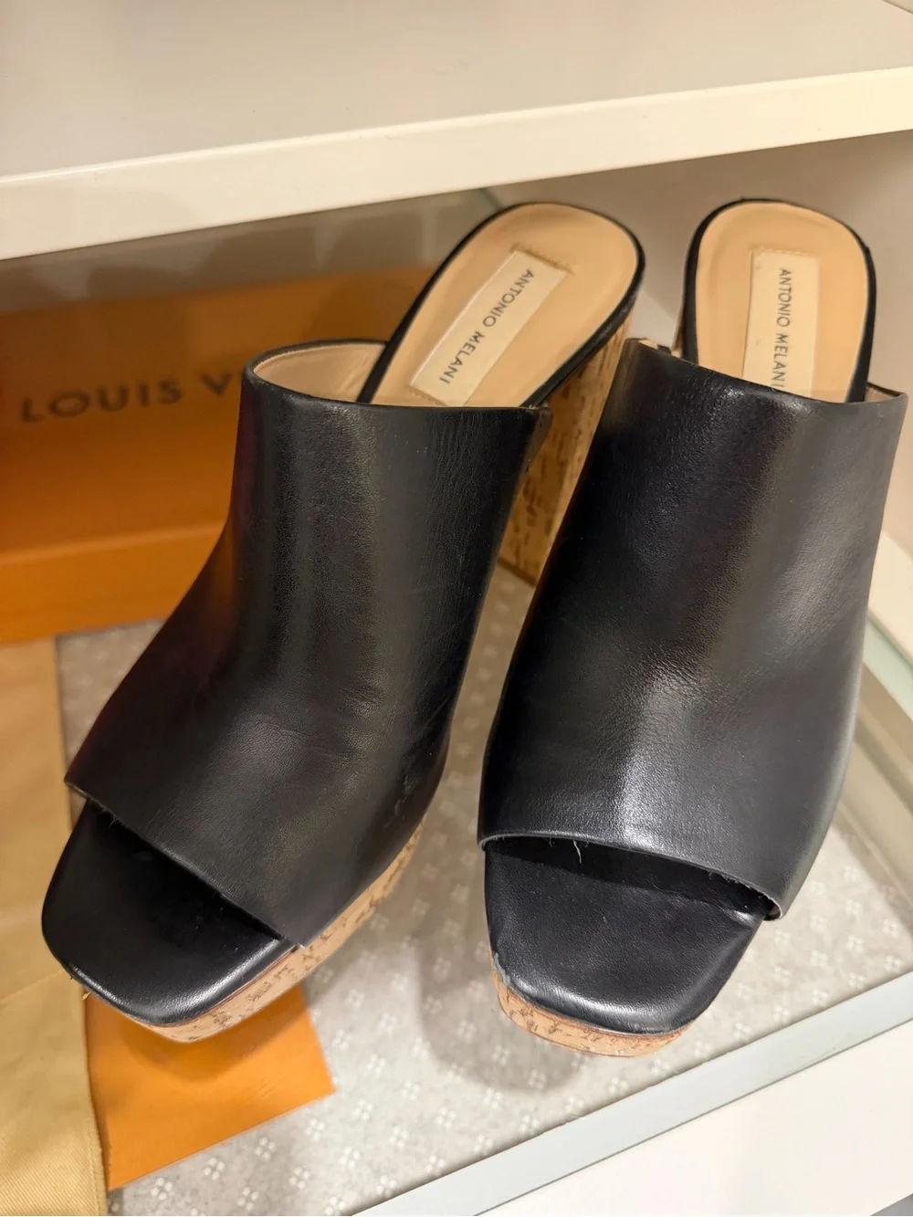 ANTONIO MELANI Black Leather Cork Platform Mule Slides